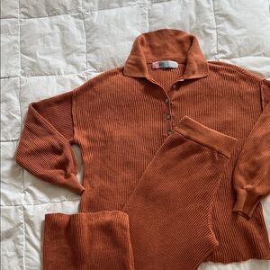 Free People Beach Rust Ribbed pant and shirt set ideal for a bikini cover up